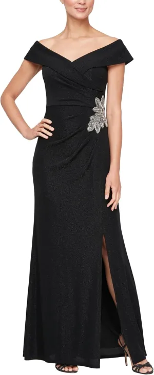 Alex Evenings Women's Off The Shoulder Fit and Flare Dress-lace and Sequined Elegance for Mother of The Bride Or Groom