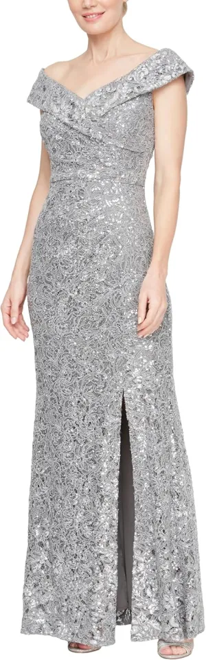 Alex Evenings Women's Off The Shoulder Fit and Flare Dress-lace and Sequined Elegance for Mother of The Bride Or Groom