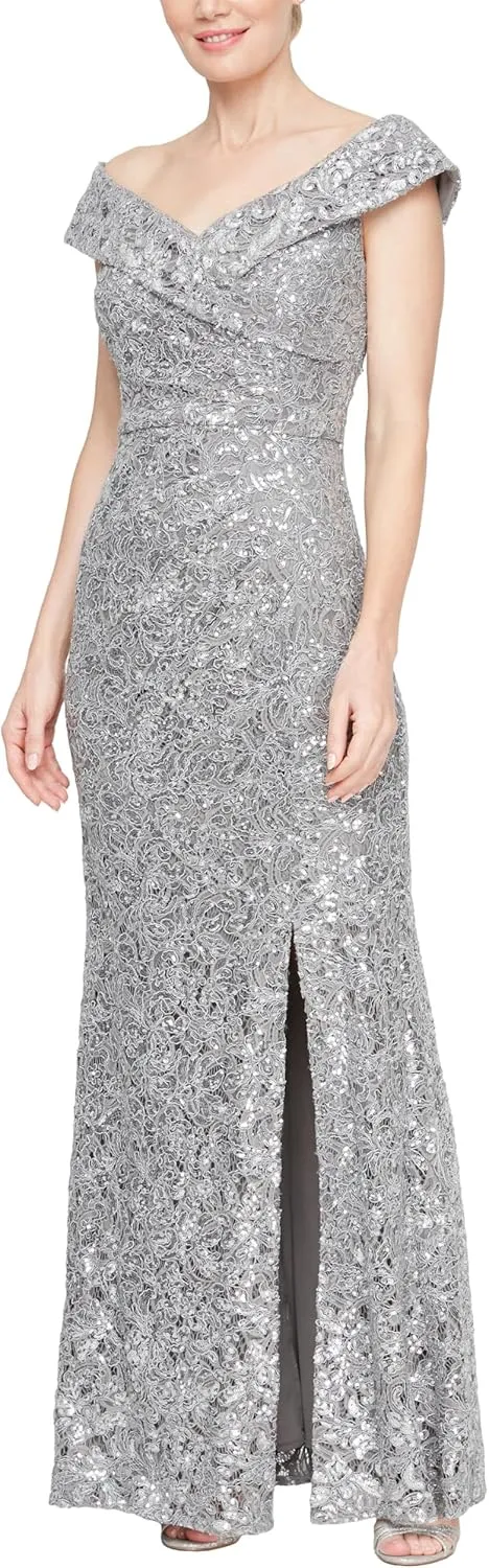 Alex Evenings Women's Off The Shoulder Fit and Flare Dress-lace and Sequined Elegance for Mother of The Bride Or Groom