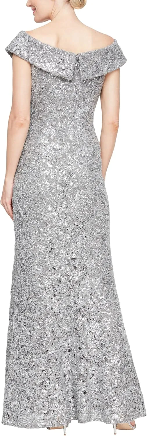 Alex Evenings Women's Off The Shoulder Fit and Flare Dress-lace and Sequined Elegance for Mother of The Bride Or Groom