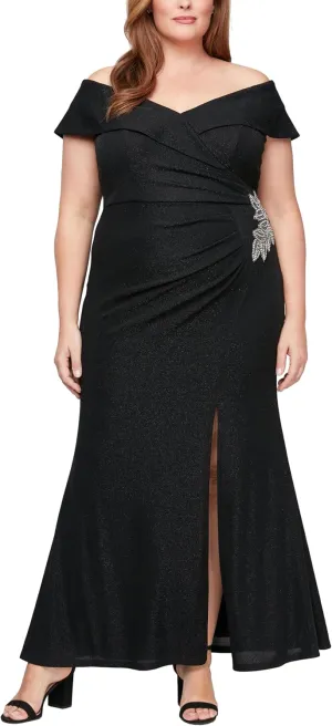 Alex Evenings Women's Off The Shoulder Fit and Flare Dress-lace and Sequined Elegance for Mother of The Bride (Plus Size)