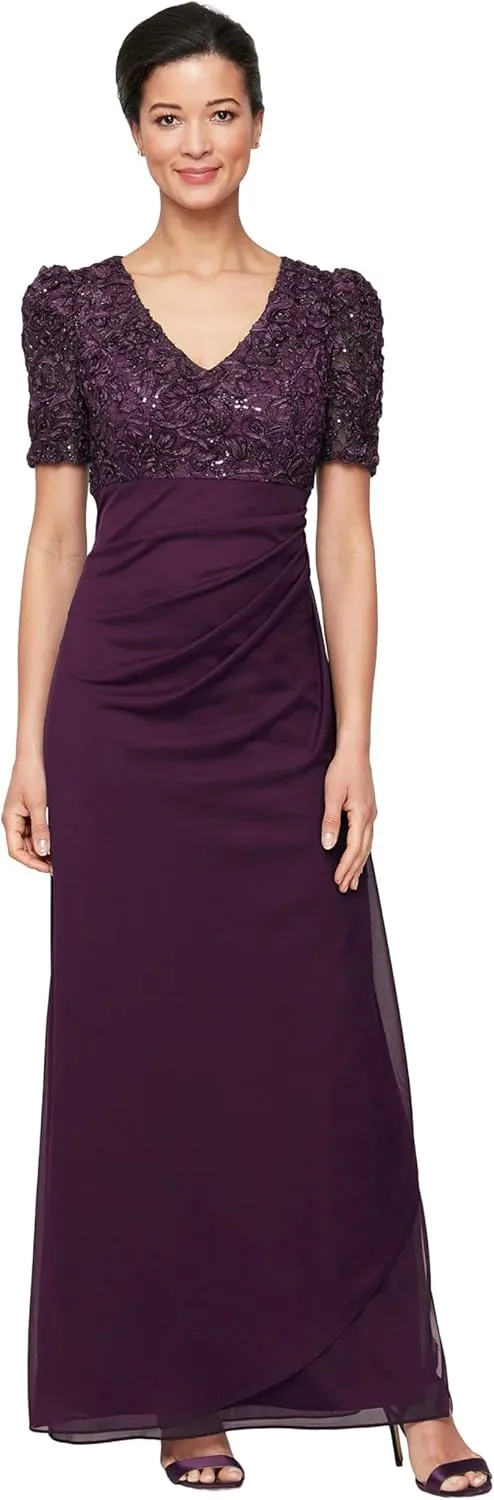Alex Evenings Women's Petite Soutache Puff Sleeve Dress, Deep Plum