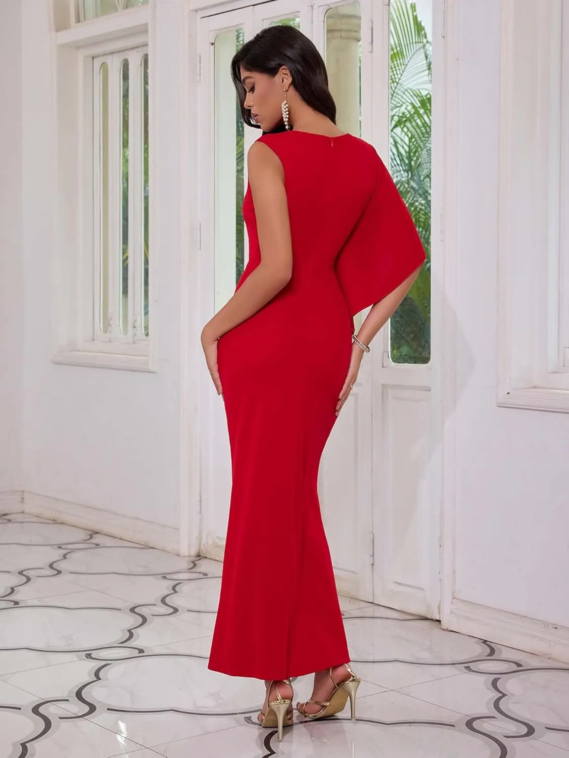 Angel-fashions Women's Elegant Evening Gown Flowy Asymmetrical Sleeve Draped Waist and Slit Formal Dress for Weddings Party