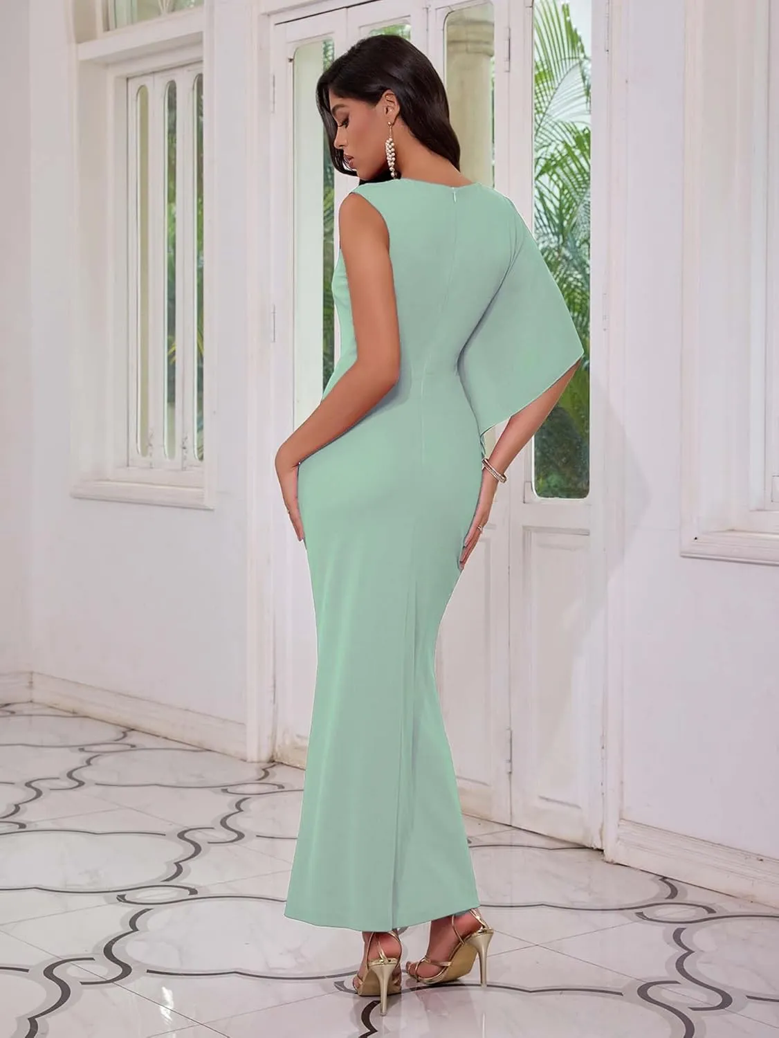 Angel-fashions Women's Elegant Evening Gown Flowy Asymmetrical Sleeve Draped Waist and Slit Formal Dress for Weddings Party