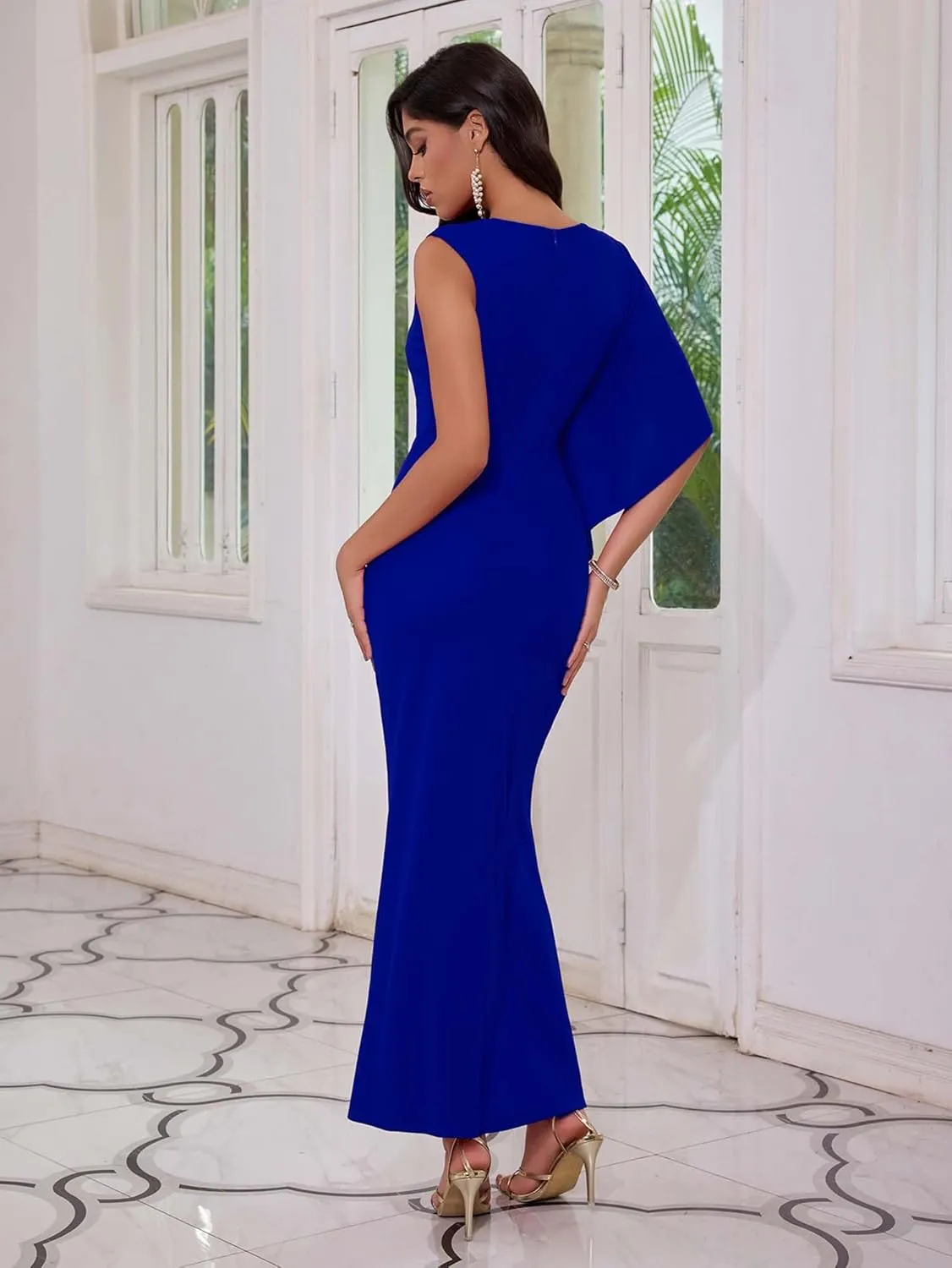 Angel-fashions Women's Elegant Evening Gown Flowy Asymmetrical Sleeve Draped Waist and Slit Formal Dress for Weddings Party