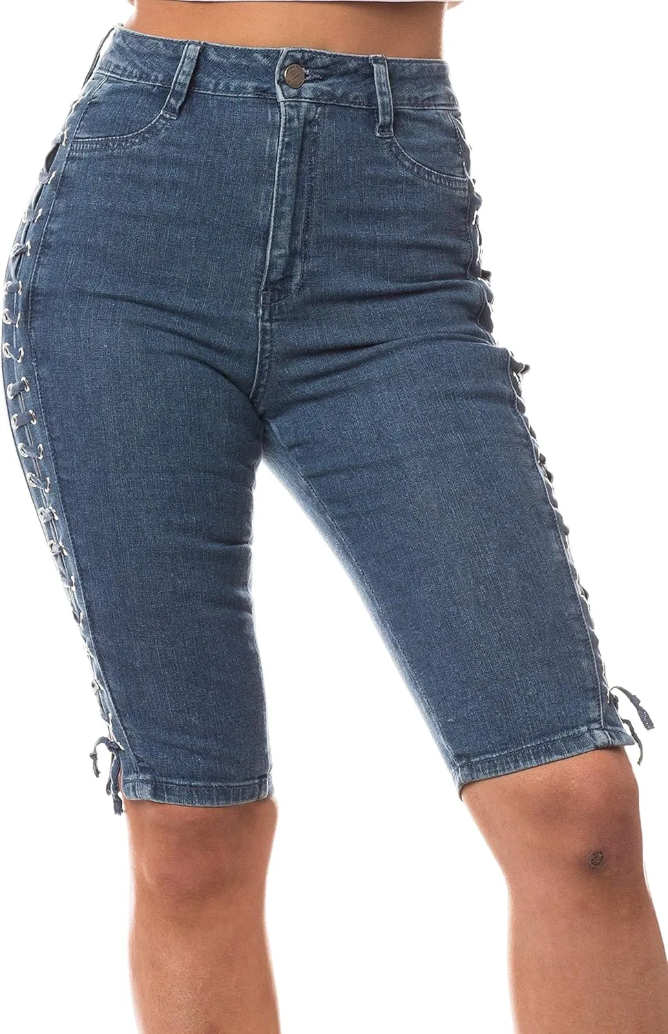 Aphrodite Denim Bermuda Shorts Jeans  Women's Lace Up High Waisted Skinny Fit Fashion Knee Length Cropped Pants