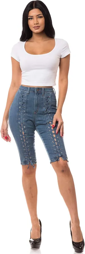 Aphrodite Denim Bermuda Shorts Jeans  Women's Lace Up High Waisted Skinny Fit Fashion Knee Length Cropped Pants