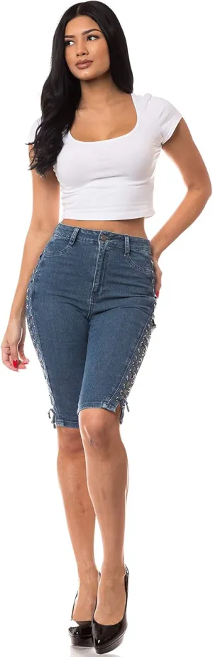 Aphrodite Denim Bermuda Shorts Jeans  Women's Lace Up High Waisted Skinny Fit Fashion Knee Length Cropped Pants