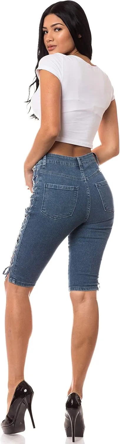 Aphrodite Denim Bermuda Shorts Jeans  Women's Lace Up High Waisted Skinny Fit Fashion Knee Length Cropped Pants