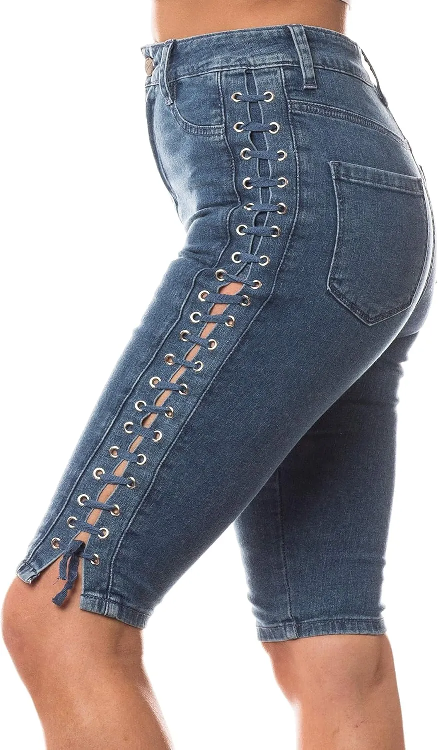 Aphrodite Denim Bermuda Shorts Jeans  Women's Lace Up High Waisted Skinny Fit Fashion Knee Length Cropped Pants