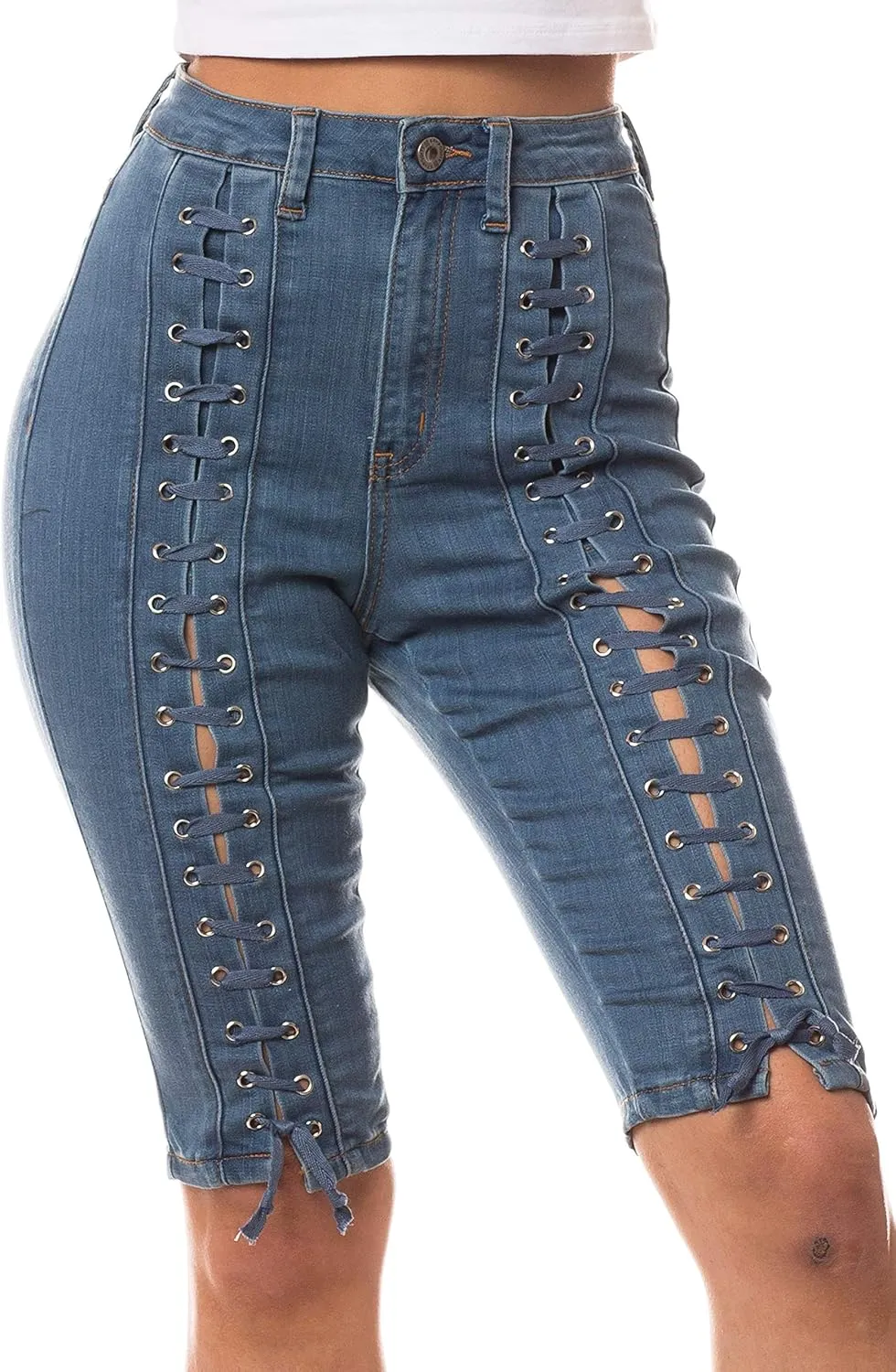 Aphrodite Denim Bermuda Shorts Jeans  Women's Lace Up High Waisted Skinny Fit Fashion Knee Length Cropped Pants