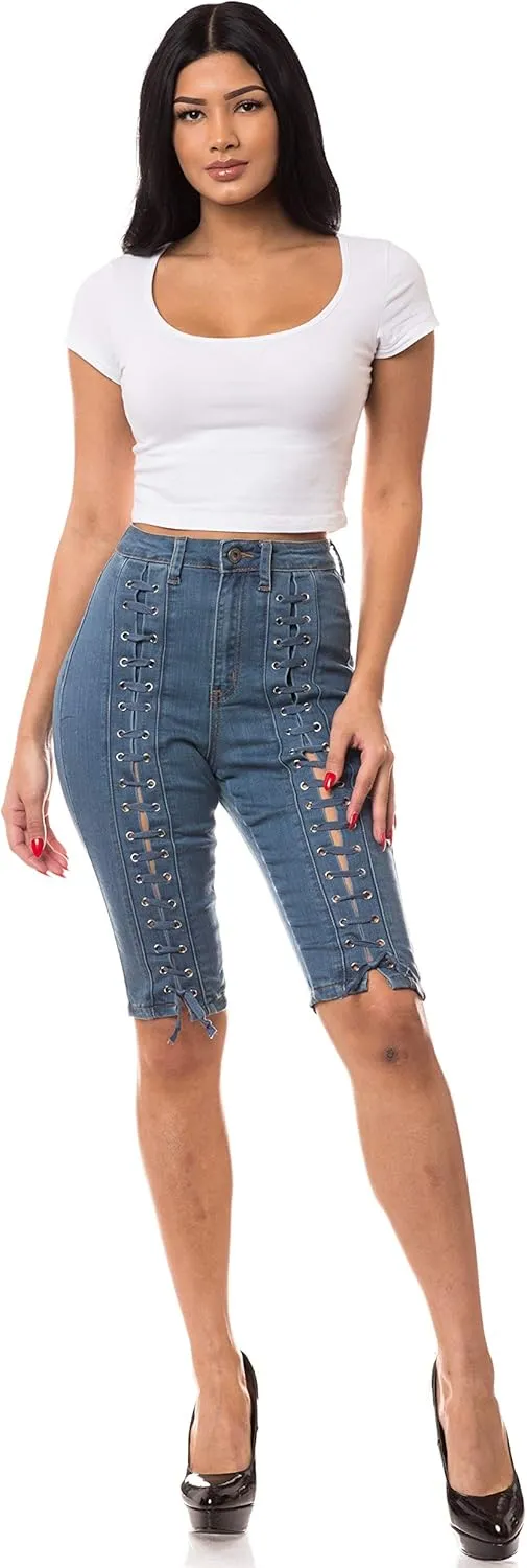 Aphrodite Denim Bermuda Shorts Jeans  Women's Lace Up High Waisted Skinny Fit Fashion Knee Length Cropped Pants