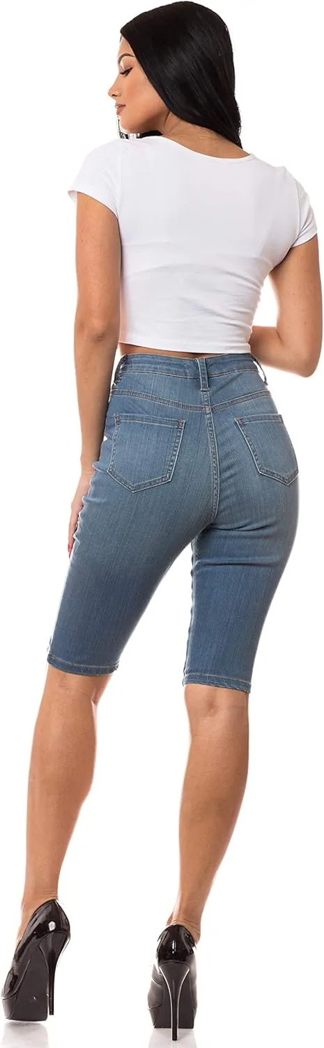 Aphrodite Denim Bermuda Shorts Jeans  Women's Lace Up High Waisted Skinny Fit Fashion Knee Length Cropped Pants