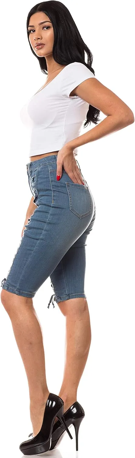 Aphrodite Denim Bermuda Shorts Jeans  Women's Lace Up High Waisted Skinny Fit Fashion Knee Length Cropped Pants