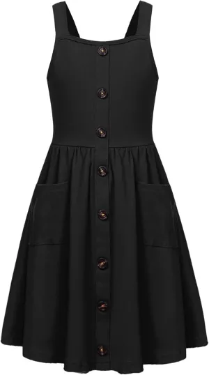 Arshiner Girl's Spaghetti Strap Button Down Midi Sleeveless Summer Casual Sundress A-line Dress with Pockets