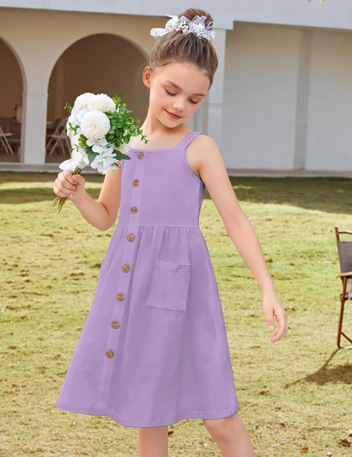 Arshiner Girl's Spaghetti Strap Button Down Midi Sleeveless Summer Casual Sundress A-line Dress with Pockets