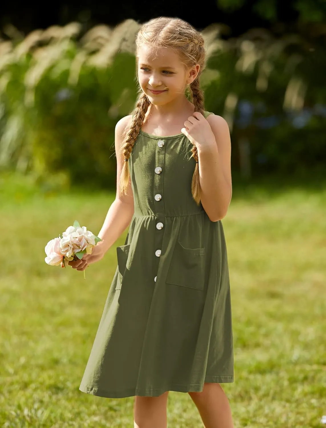 Arshiner Girl's Spaghetti Strap Button Down Midi Sleeveless Summer Casual Sundress A-line Dress with Pockets