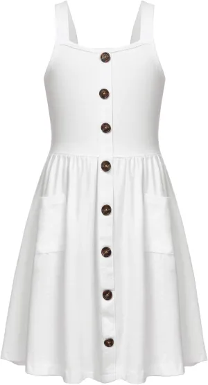 Arshiner Girl's Spaghetti Strap Button Down Midi Sleeveless Summer Casual Sundress A-line Dress with Pockets