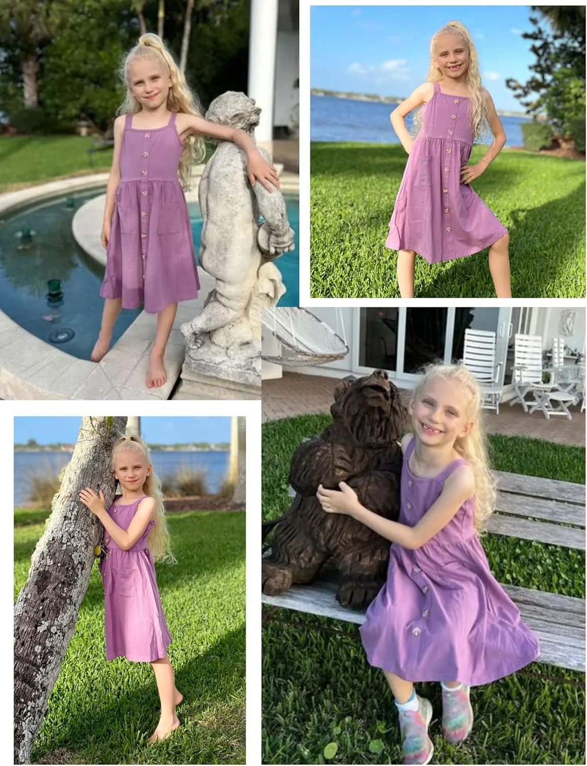Arshiner Girl's Spaghetti Strap Button Down Midi Sleeveless Summer Casual Sundress A-line Dress with Pockets