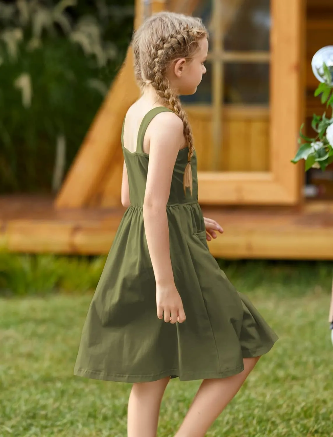 Arshiner Girl's Spaghetti Strap Button Down Midi Sleeveless Summer Casual Sundress A-line Dress with Pockets