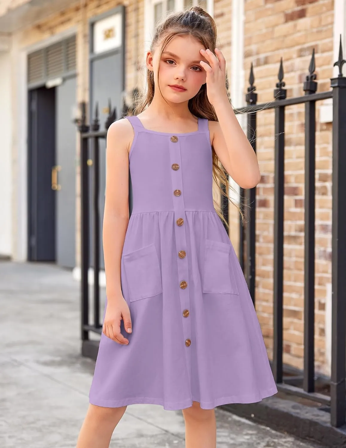 Arshiner Girl's Spaghetti Strap Button Down Midi Sleeveless Summer Casual Sundress A-line Dress with Pockets
