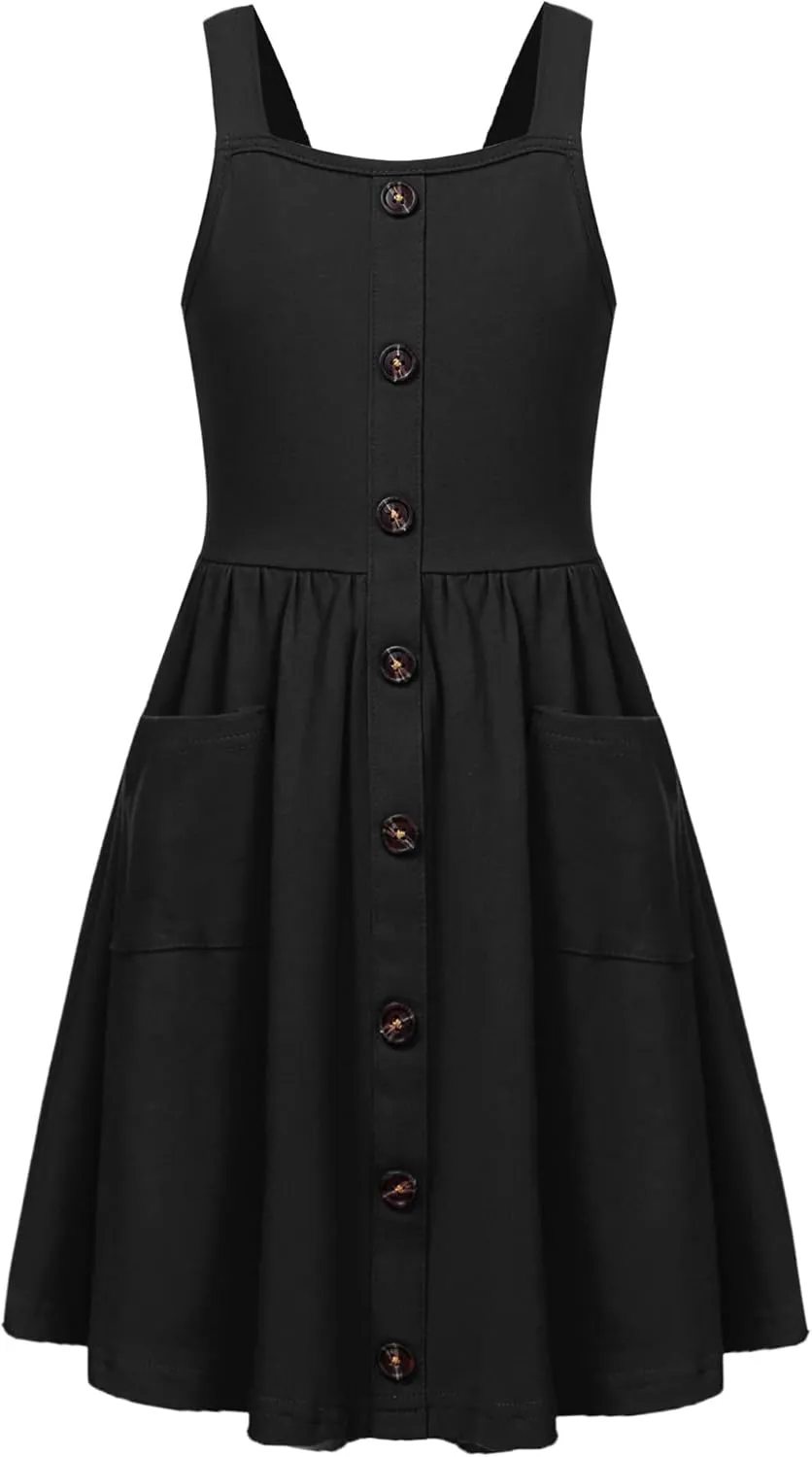 Arshiner Girl's Spaghetti Strap Button Down Midi Sleeveless Summer Casual Sundress A-line Dress with Pockets