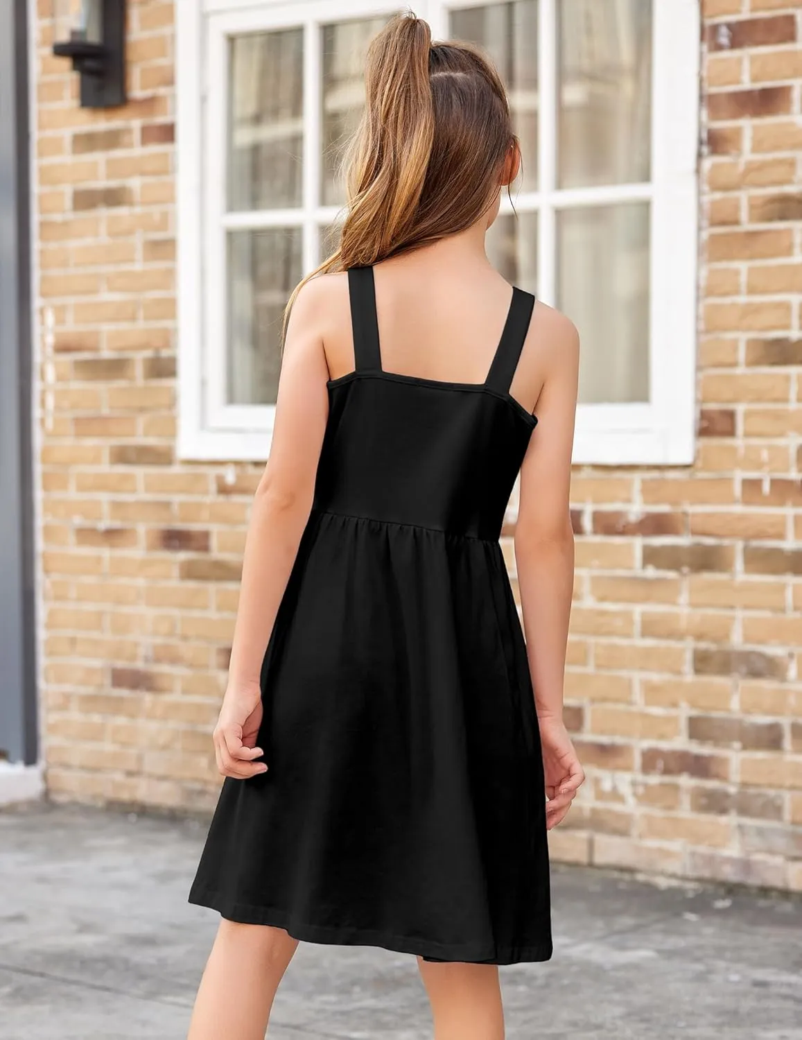 Arshiner Girl's Spaghetti Strap Button Down Midi Sleeveless Summer Casual Sundress A-line Dress with Pockets