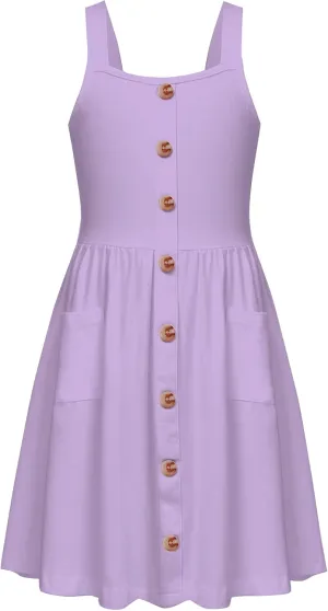 Arshiner Girl's Spaghetti Strap Button Down Midi Sleeveless Summer Casual Sundress A-line Dress with Pockets