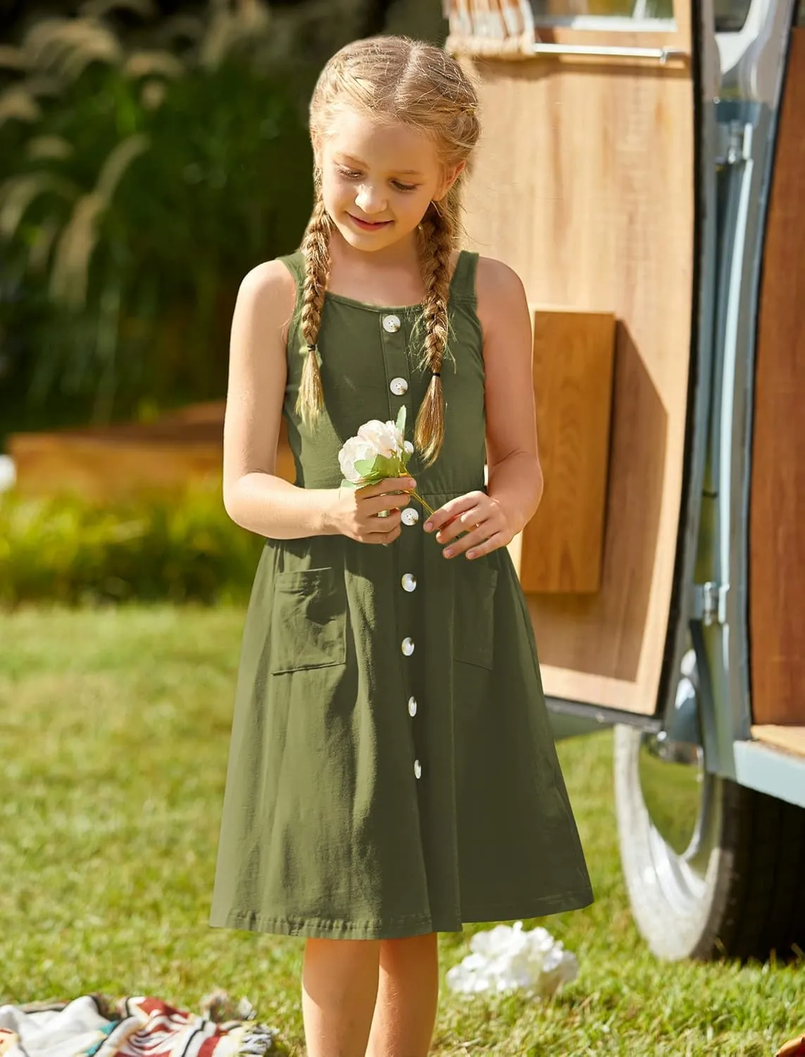 Arshiner Girl's Spaghetti Strap Button Down Midi Sleeveless Summer Casual Sundress A-line Dress with Pockets