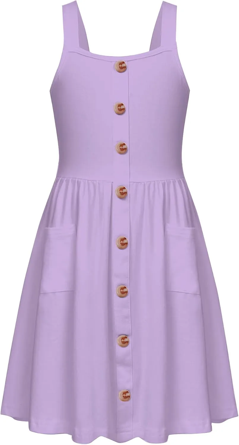 Arshiner Girl's Spaghetti Strap Button Down Midi Sleeveless Summer Casual Sundress A-line Dress with Pockets
