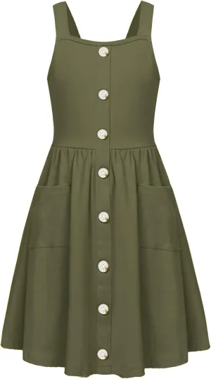 Arshiner Girl's Spaghetti Strap Button Down Midi Sleeveless Summer Casual Sundress A-line Dress with Pockets
