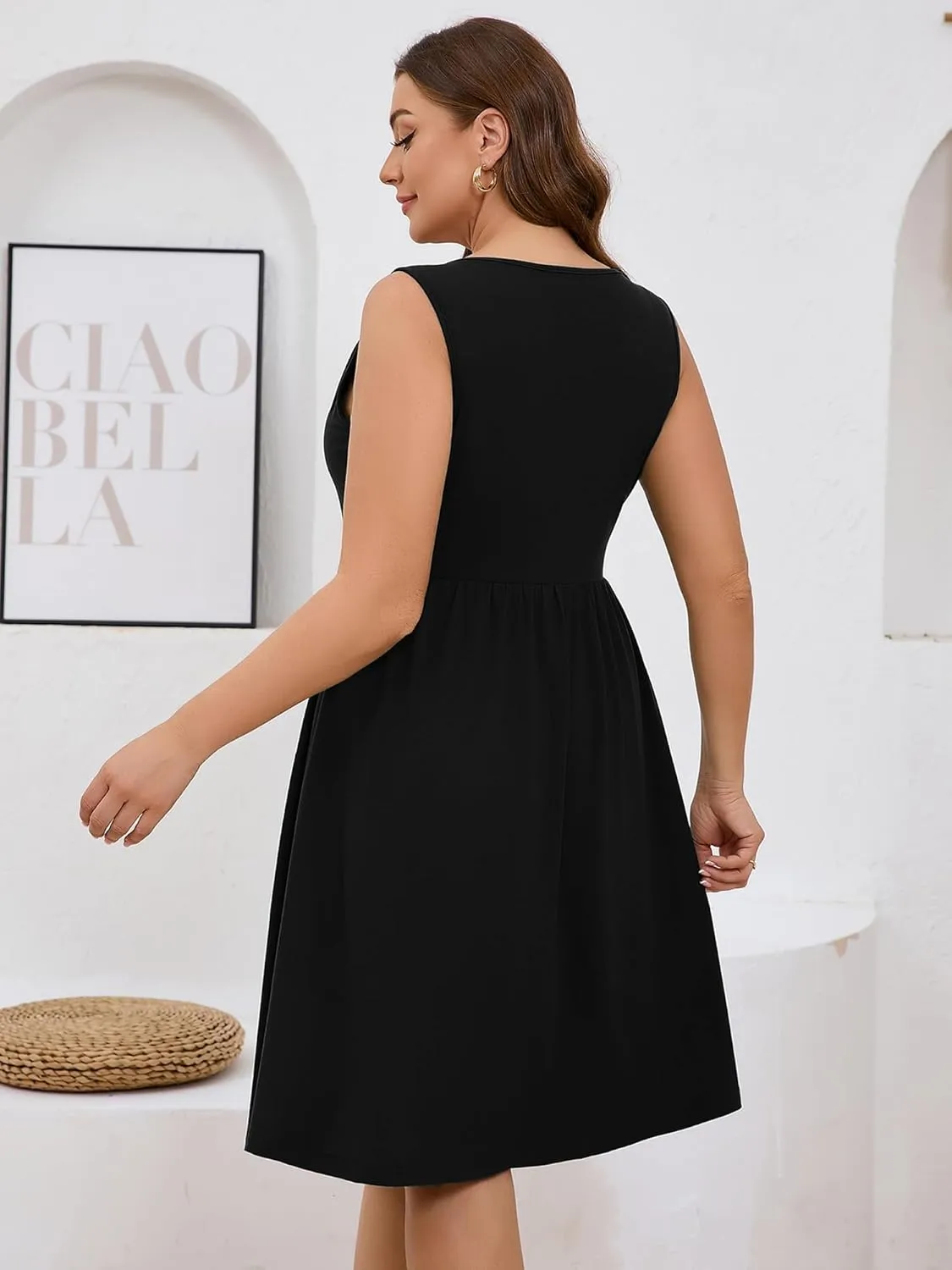 AusLook Plus Size Women Summer Dresses Sleeveless Casual Loose Swing Button Down Midi Dress with Pockets 1X-5X