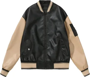 BAICAIYU Women's Baseball Leather Jacket Long Sleeve Zipper Campus Jacket Classic Patchwork Color Windproof Coat