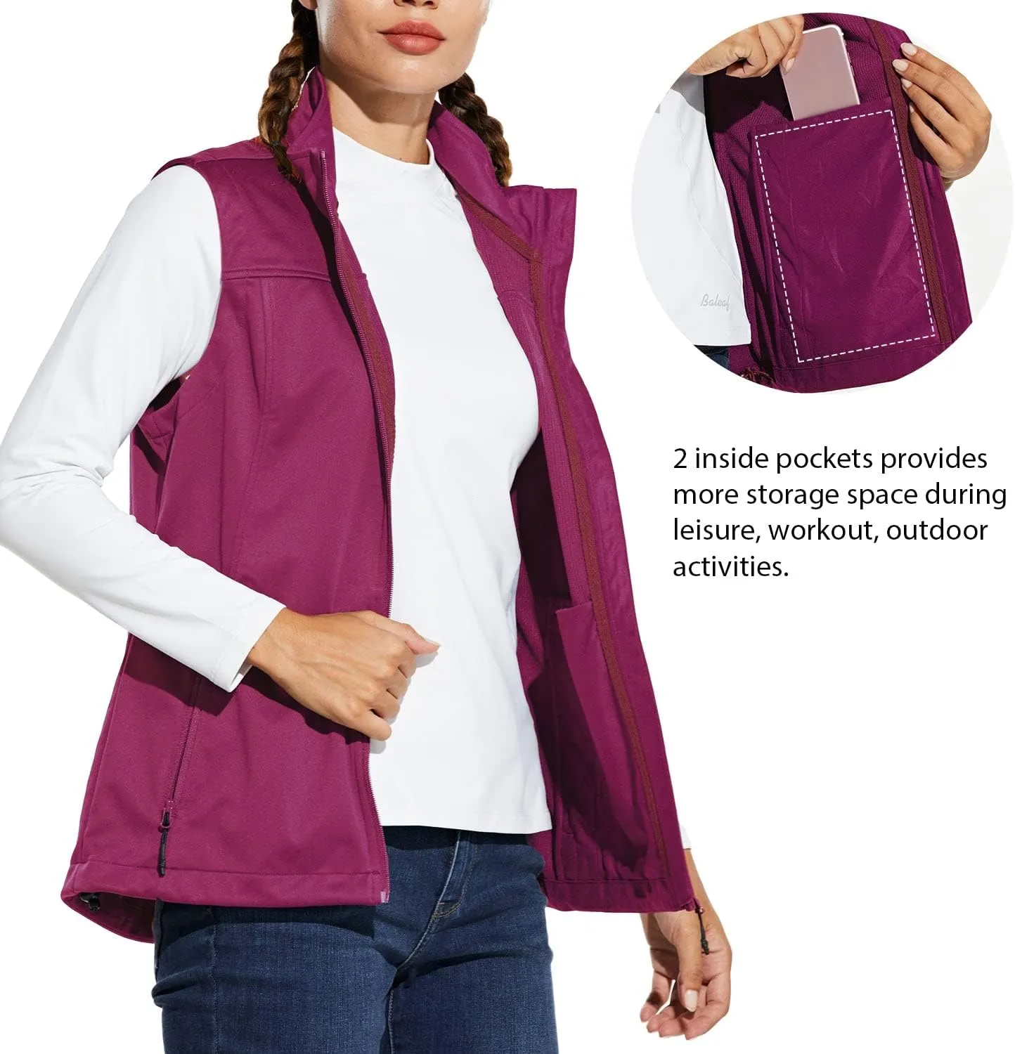 baleaf Women's Lightweight Vest Softshell Sleeveless Jacket Windproof Stand Collar with Zipper Pockets Running Hiking Golf