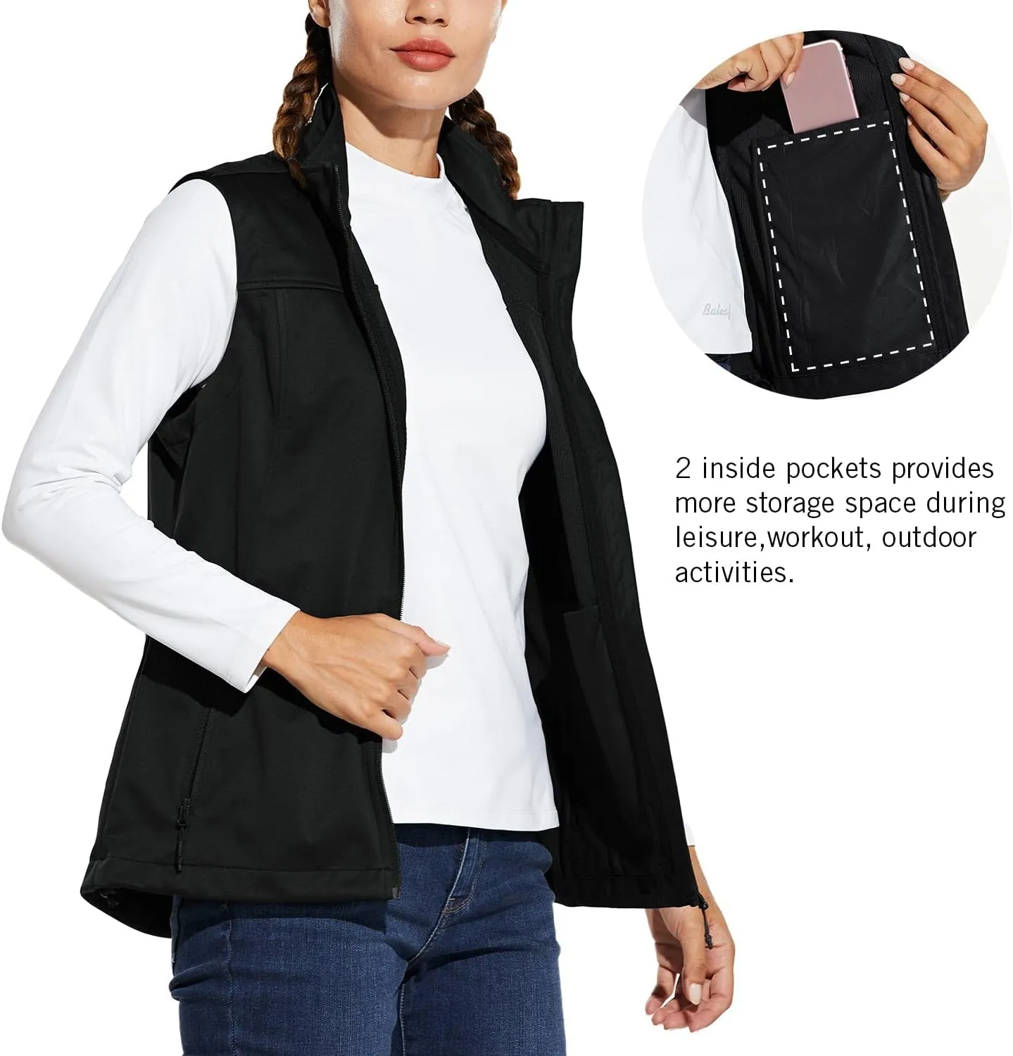 baleaf Women's Lightweight Vest Softshell Sleeveless Jacket Windproof Stand Collar with Zipper Pockets Running Hiking Golf