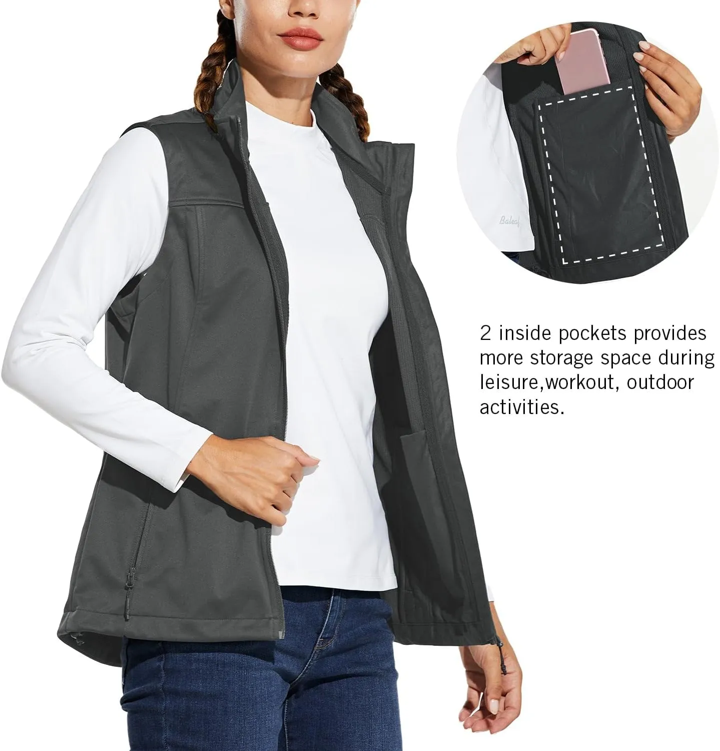 baleaf Women's Lightweight Vest Softshell Sleeveless Jacket Windproof Stand Collar with Zipper Pockets Running Hiking Golf