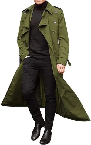 Banana Bucket Men's Trench Coat Windproof Button Overcoat Slim fit Long Lapel Double Breasted Belted Windbreaker Jacket