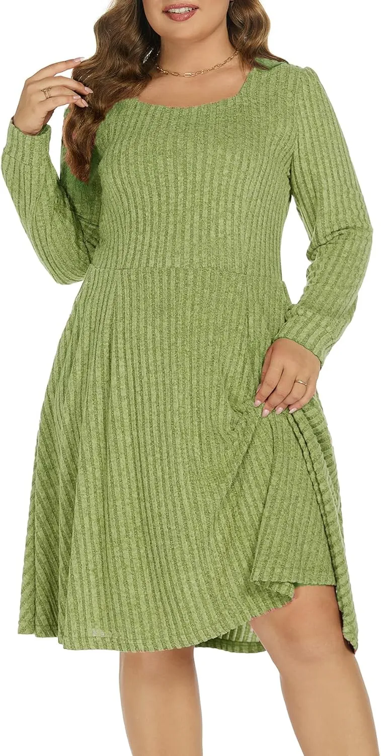 BEDOAR Plus Size Square-Neck Dress Long Sleeve Stretchy Comfy Casual Fall/Winter Dress with Pockets