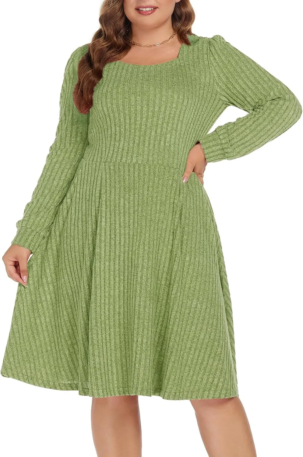 BEDOAR Plus Size Square-Neck Dress Long Sleeve Stretchy Comfy Casual Fall/Winter Dress with Pockets