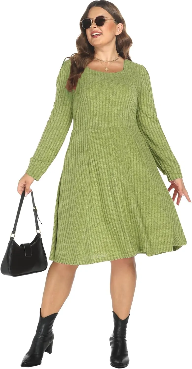 BEDOAR Plus Size Square-Neck Dress Long Sleeve Stretchy Comfy Casual Fall/Winter Dress with Pockets