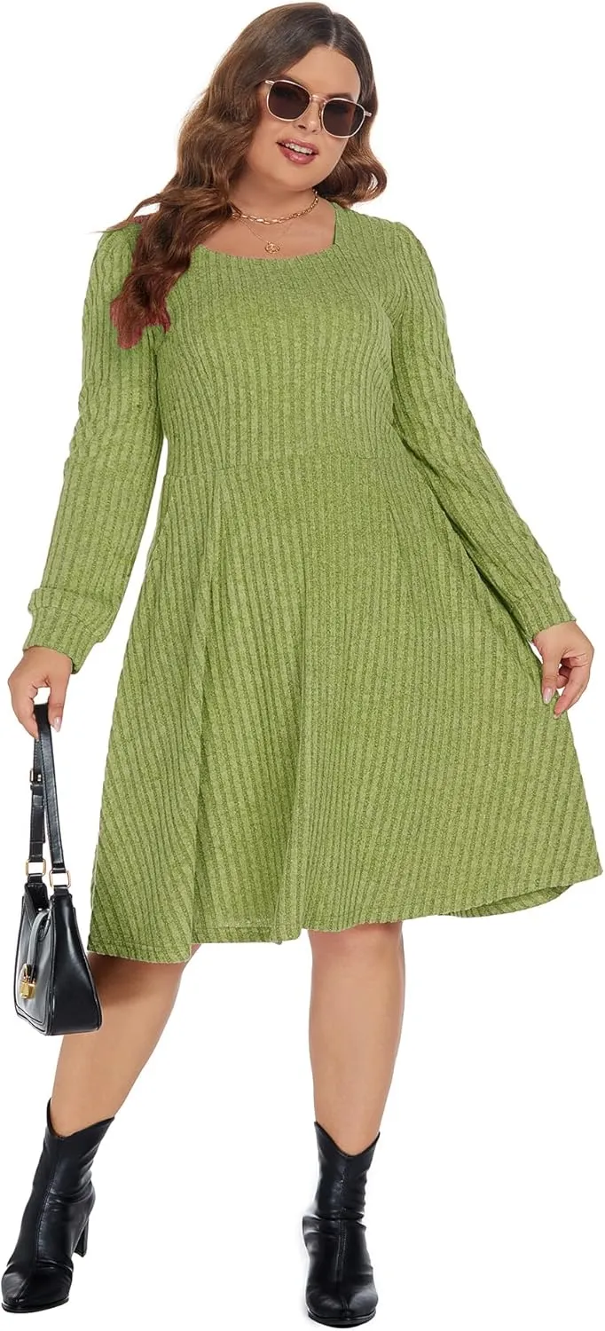 BEDOAR Plus Size Square-Neck Dress Long Sleeve Stretchy Comfy Casual Fall/Winter Dress with Pockets