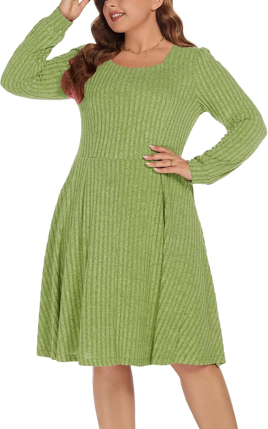 BEDOAR Plus Size Square-Neck Dress Long Sleeve Stretchy Comfy Casual Fall/Winter Dress with Pockets