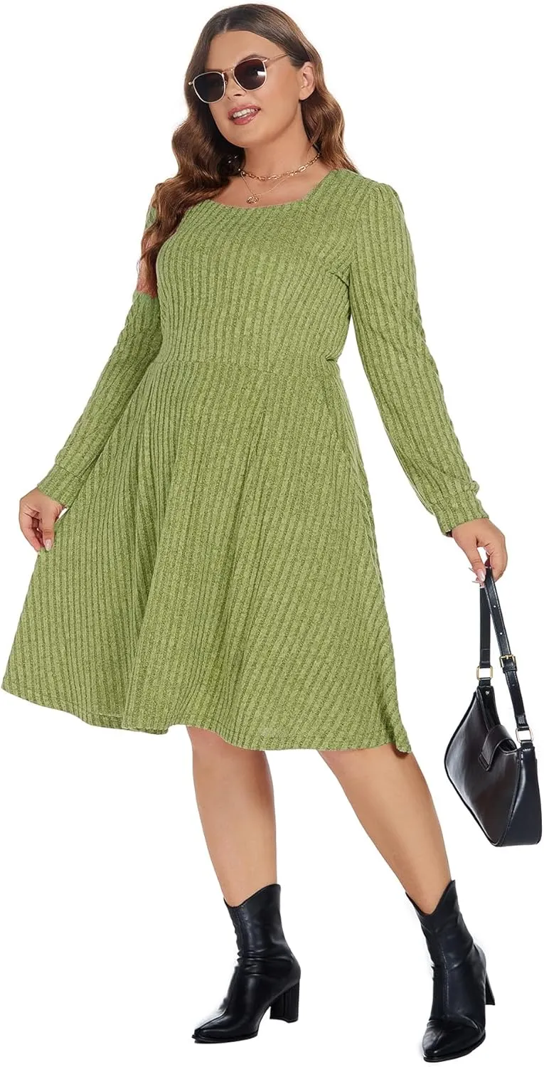BEDOAR Plus Size Square-Neck Dress Long Sleeve Stretchy Comfy Casual Fall/Winter Dress with Pockets