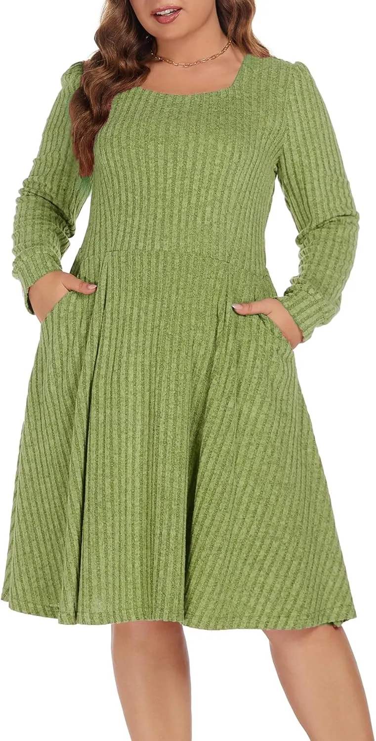 BEDOAR Plus Size Square-Neck Dress Long Sleeve Stretchy Comfy Casual Fall/Winter Dress with Pockets