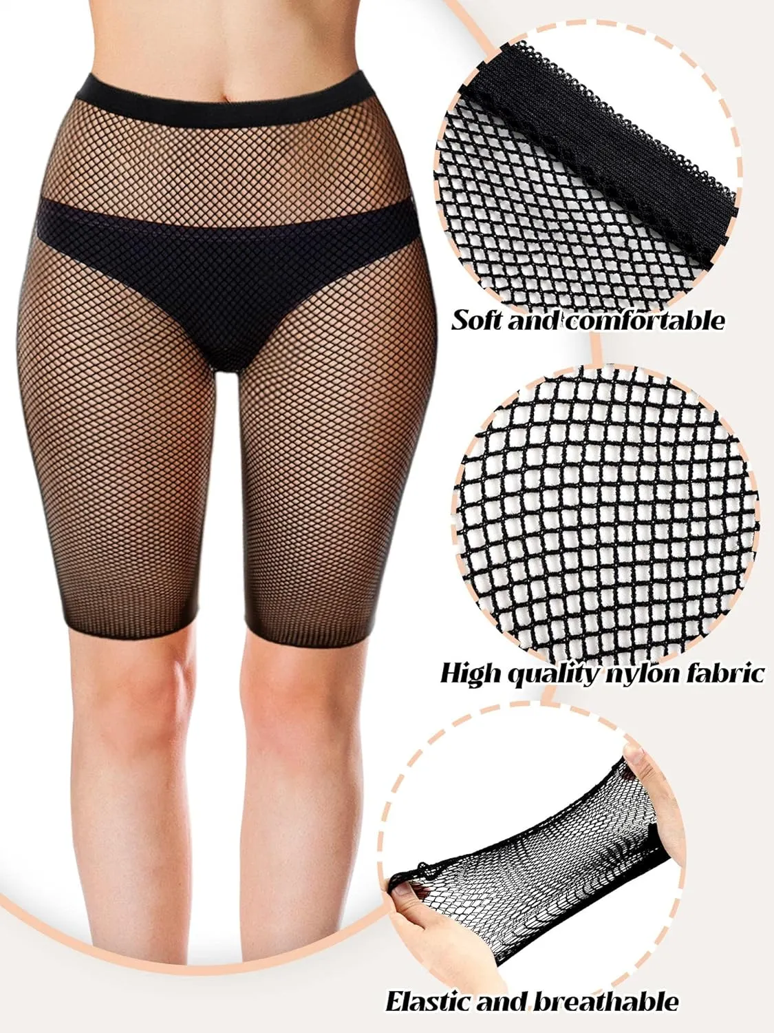 Bencailor 3 Pairs Fishnet Shorts Fishnet Biker Short for Women Elastic High Waisted See Through Mesh Leggings for Women