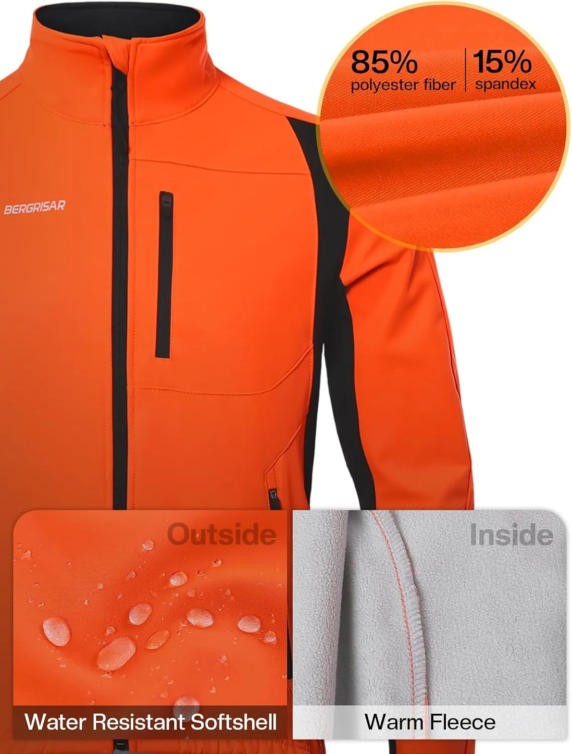 BERGRISAR Winter Cycling Jacket for Men with 6 Pockets Windproof Thermal Softshell Bike Jacket Running Windbreaker