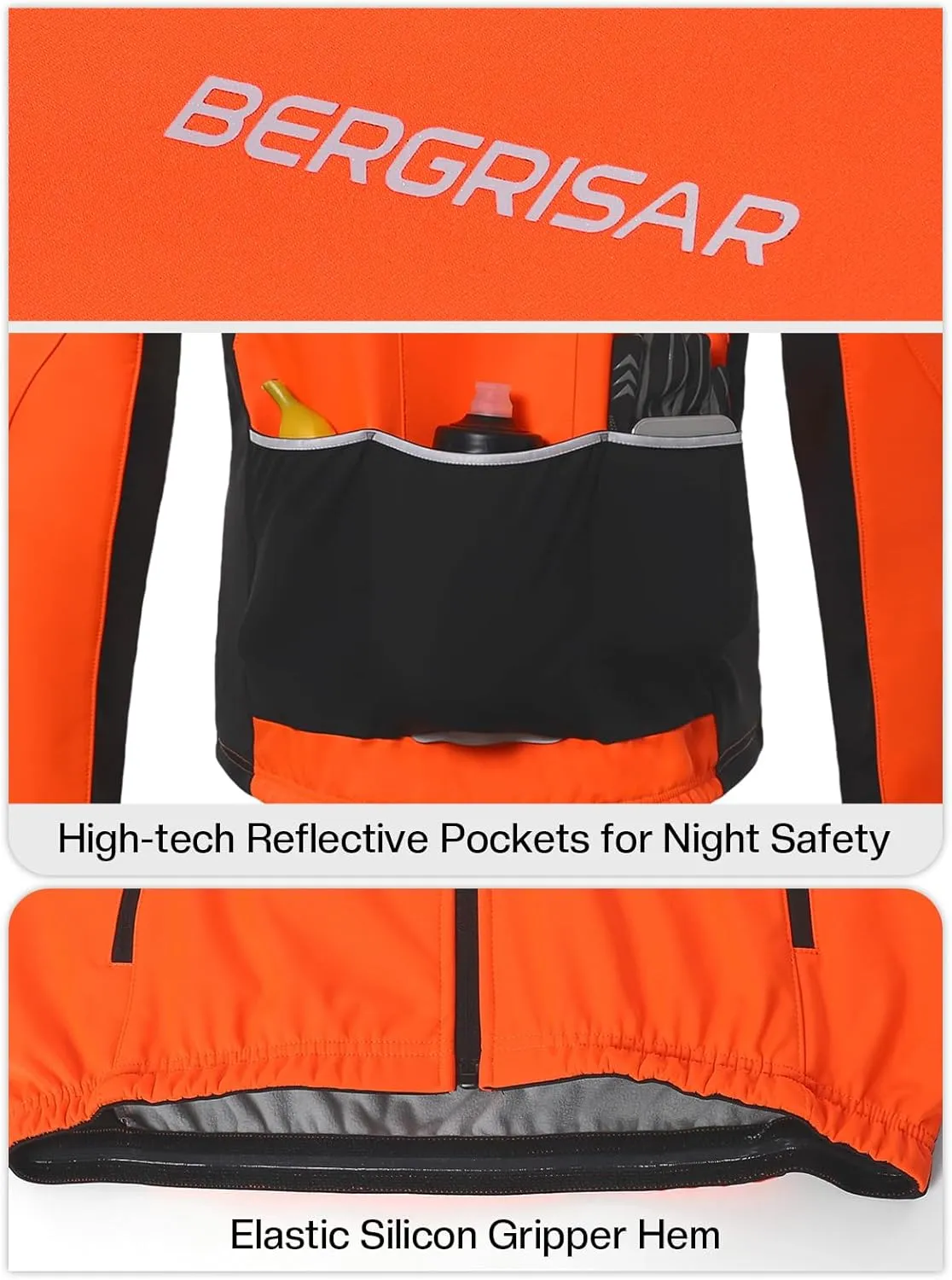 BERGRISAR Winter Cycling Jacket for Men with 6 Pockets Windproof Thermal Softshell Bike Jacket Running Windbreaker
