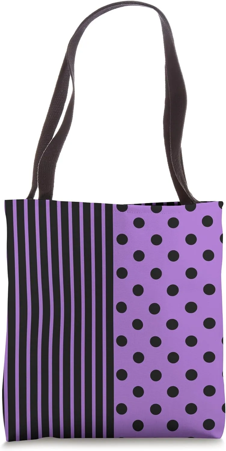 Black Purple Polka Dot and Striped Aesthetic Preppy Cute Tote Bag