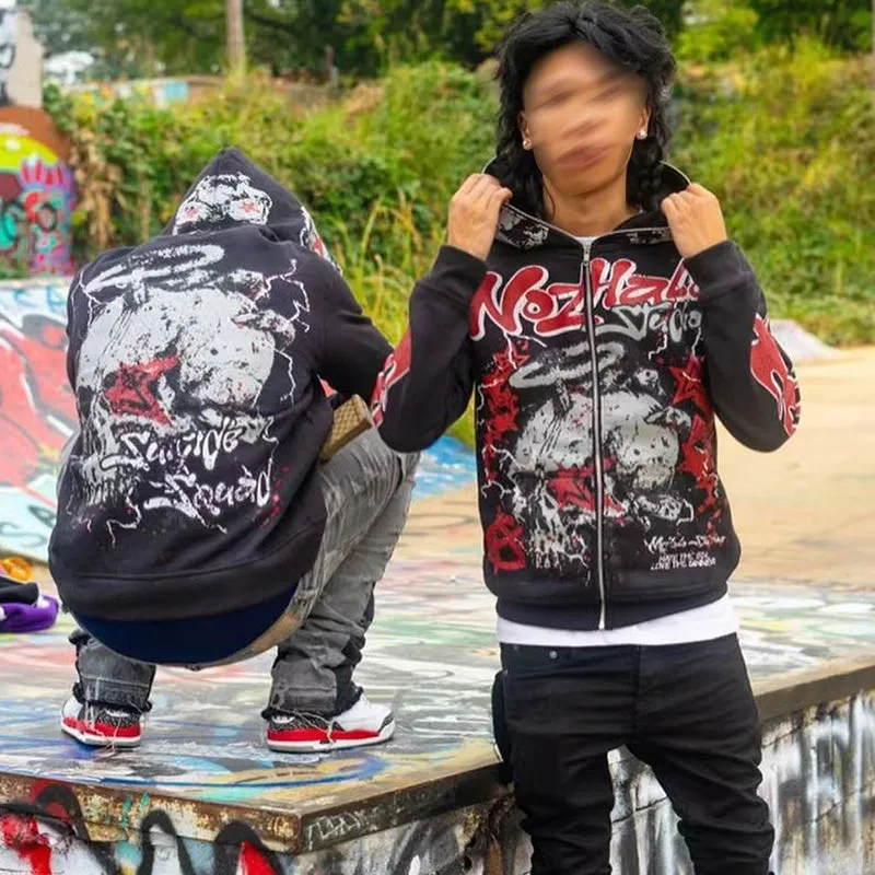 Blavra Retro Hellfire Death Skull Graphic Print Zip-Up Hoodie