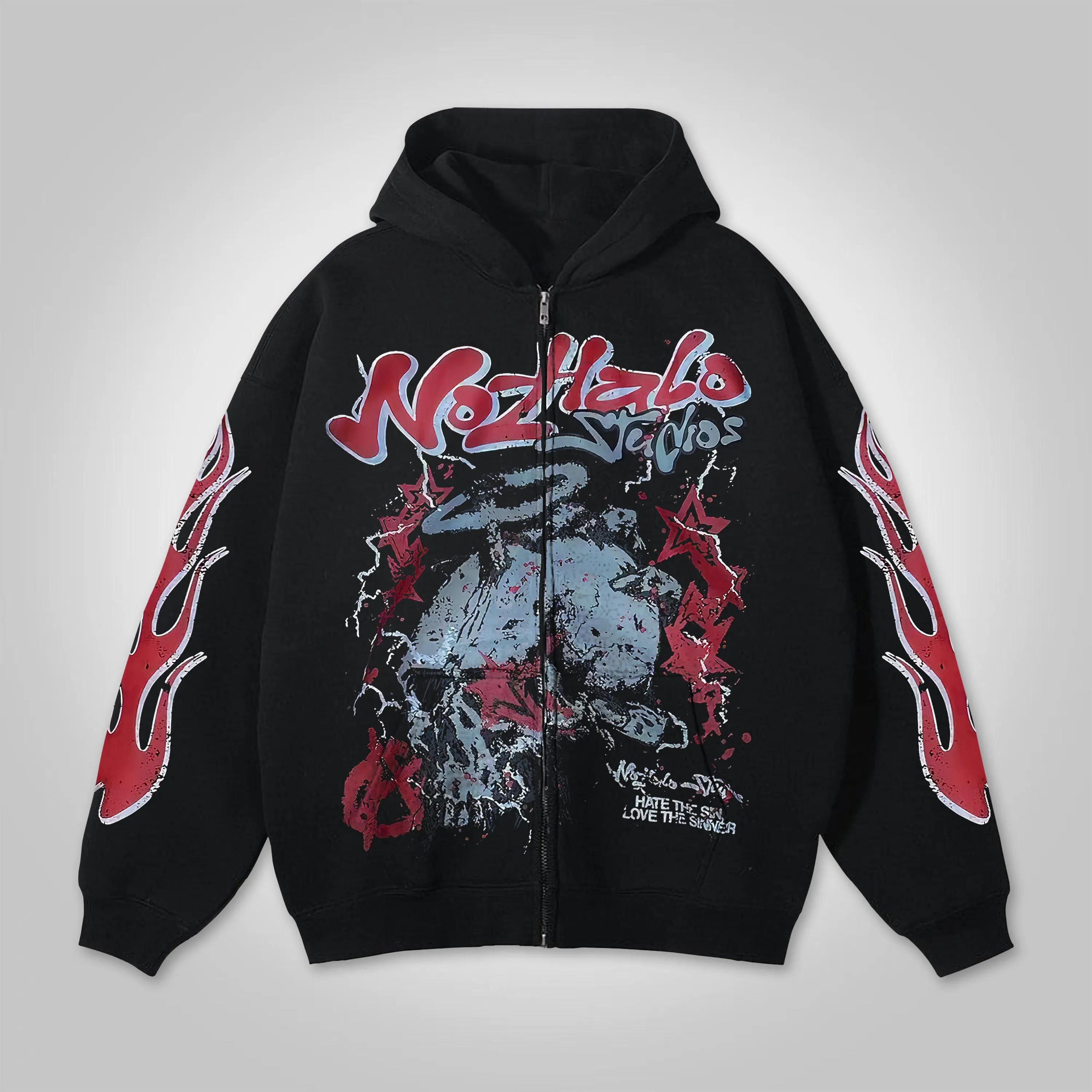 Blavra Retro Hellfire Death Skull Graphic Print Zip-Up Hoodie